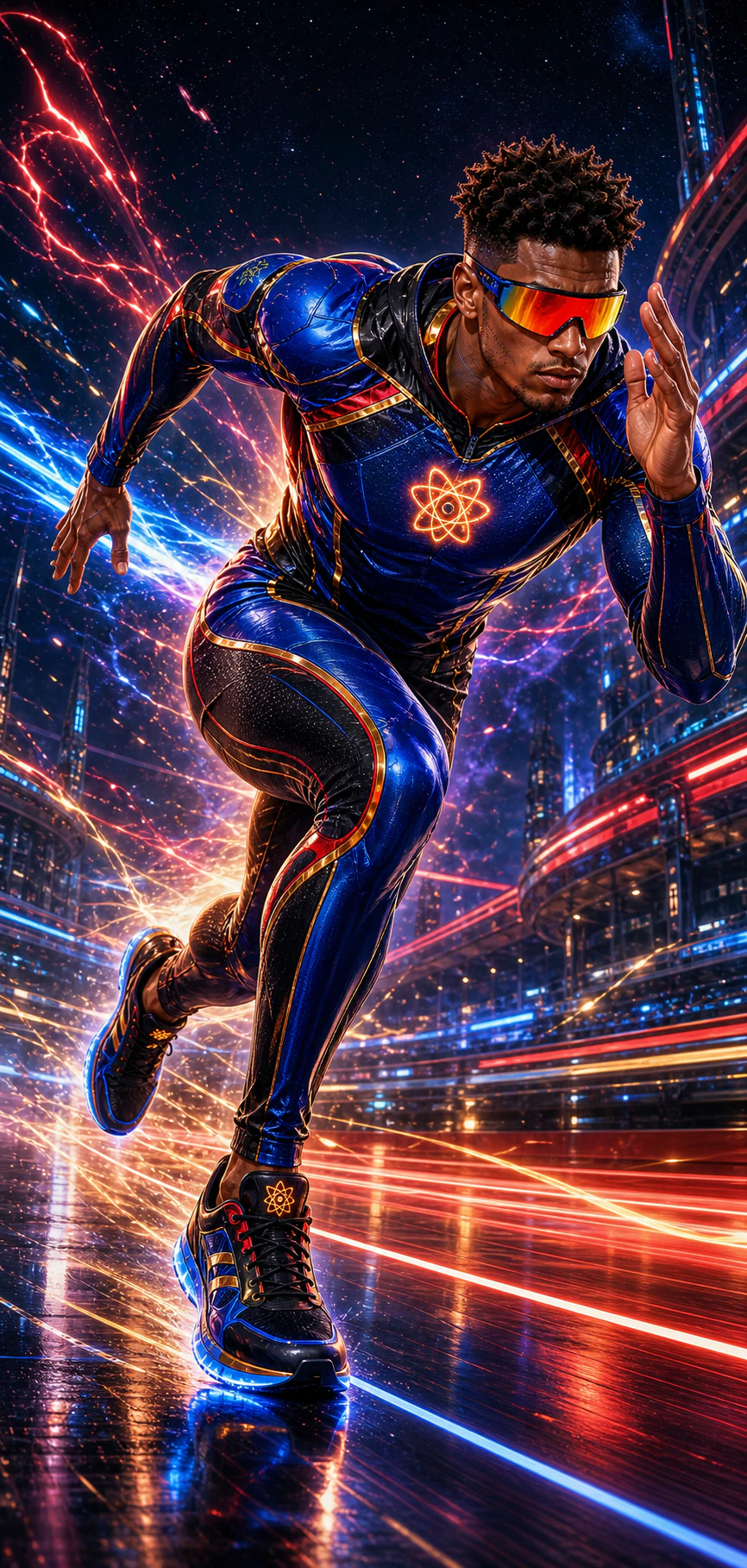 Powerful Black male AtomicBod superhero sprinting in cobalt performance armor, red-gold sports sunglasses, and illuminated AtomicShoes