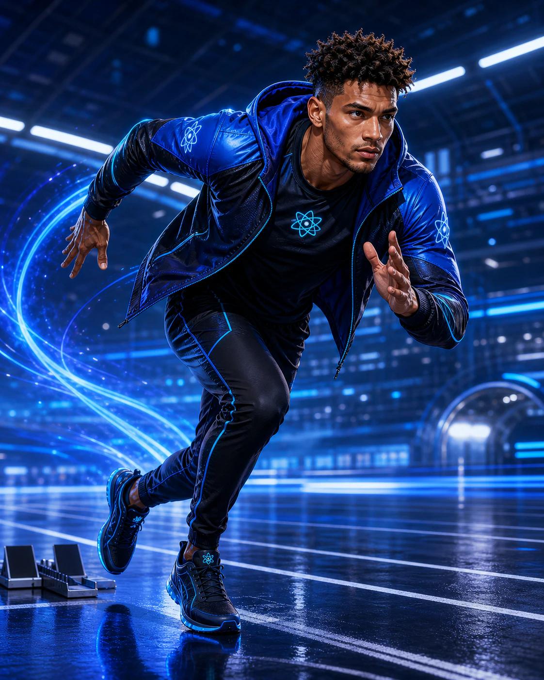 AtomicBod hero sprinting in Cobalt Velocity trainers