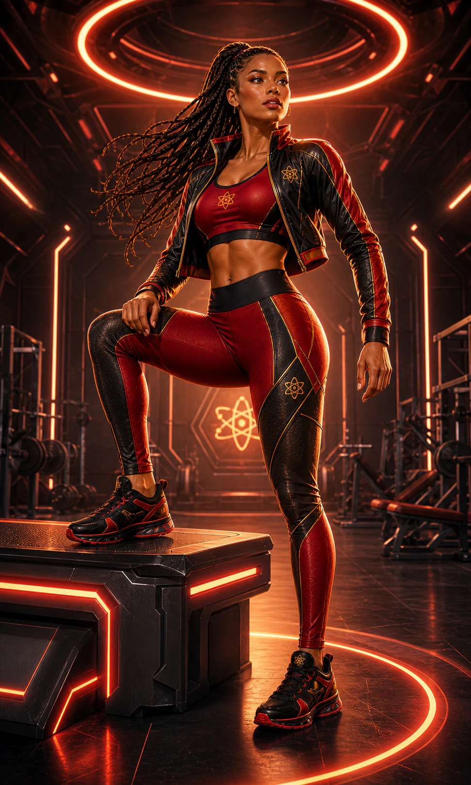 AtomicBod heroine training in black, bright-red, orange, and gold Crimson Force shoes