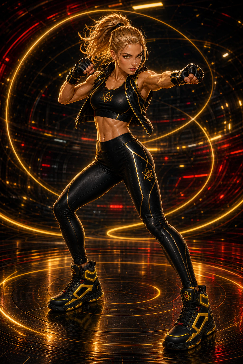 AtomicBod heroine boxing in yellow, gold, red, and black Solar Gold high-tops