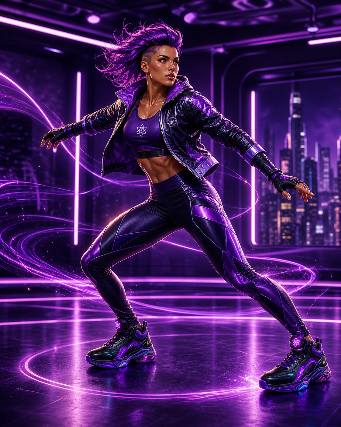 Purple-haired AtomicBod heroine moving laterally in Ultraviolet Pulse high-tops