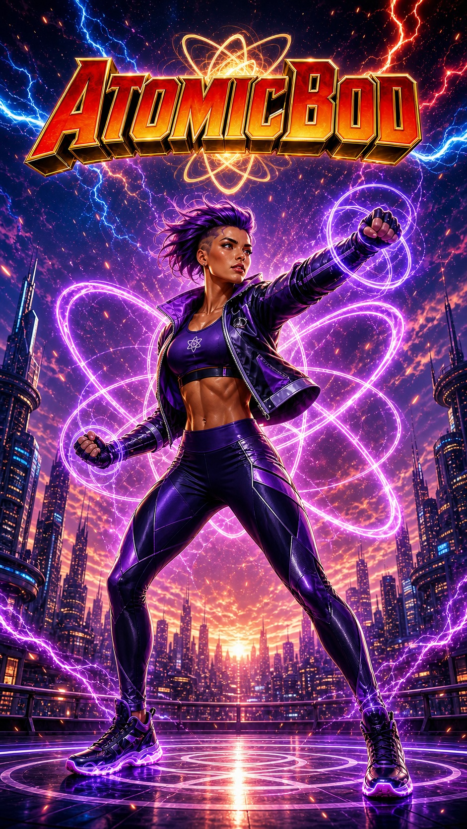 Purple-haired AtomicBod heroine beneath the AtomicBod title